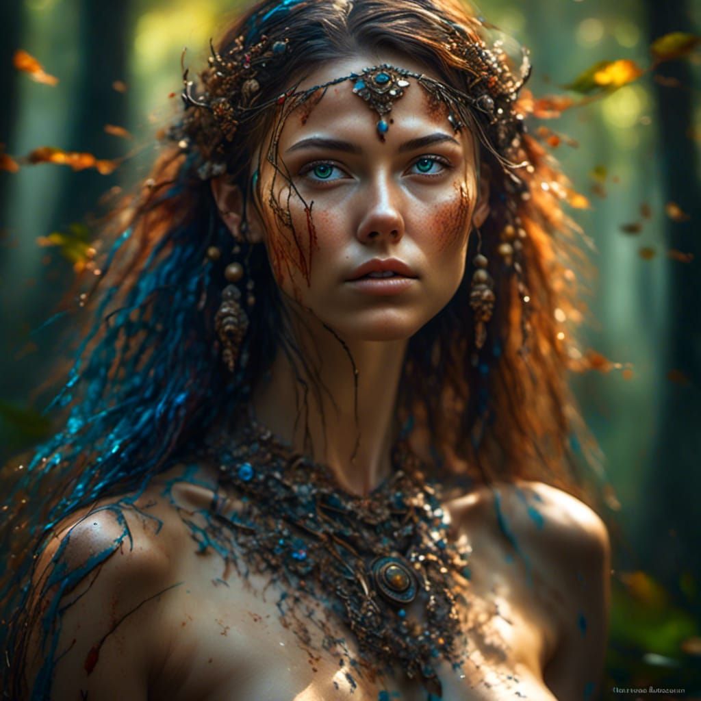 Hyperrealistic Woman in Forest with Dramatic Lighting