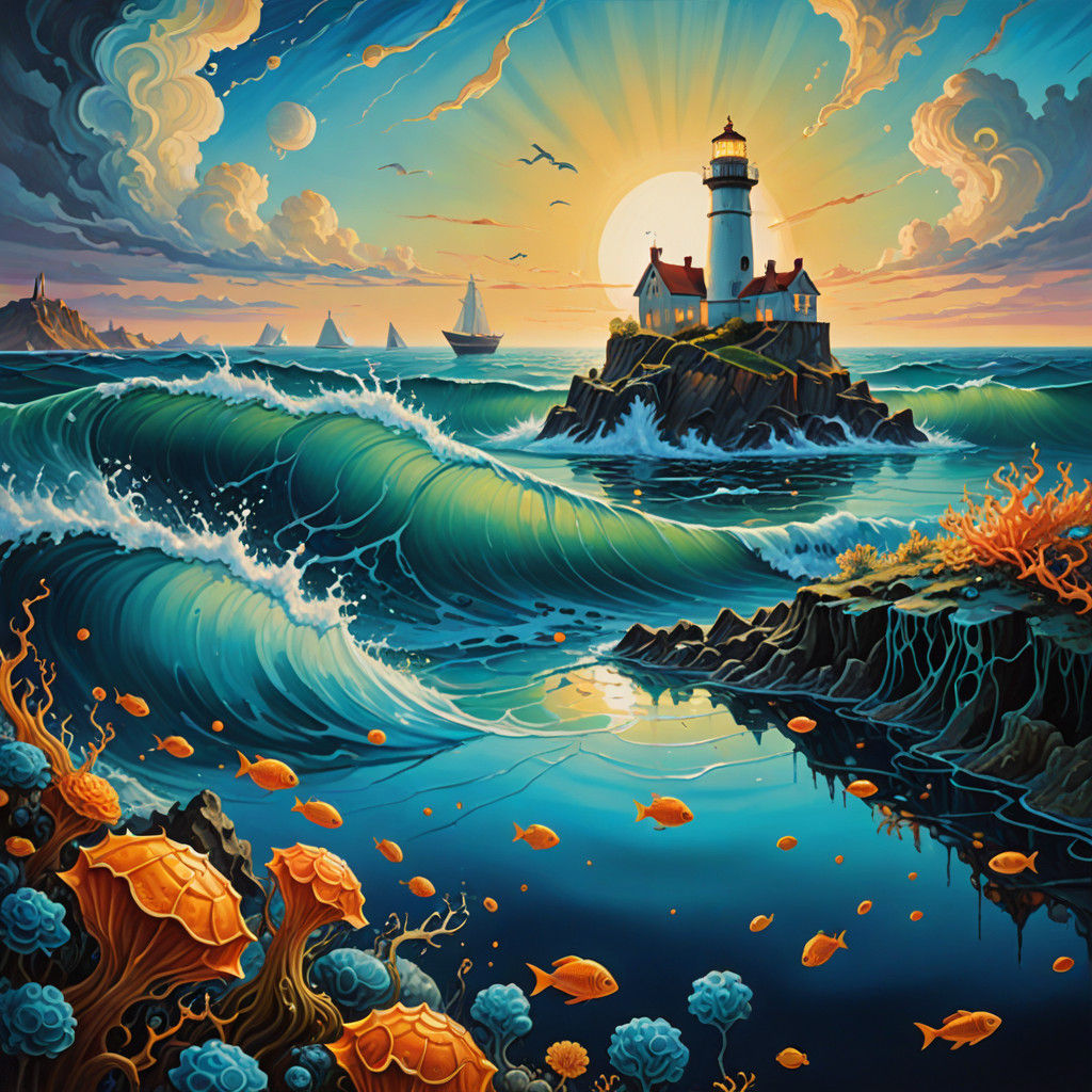 Surreal Ocean Scene with Melting Ships and Sea Devils