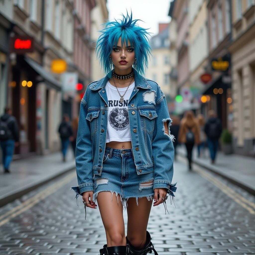 Gothic European Teen Girl Walks Down Cobblestone Street