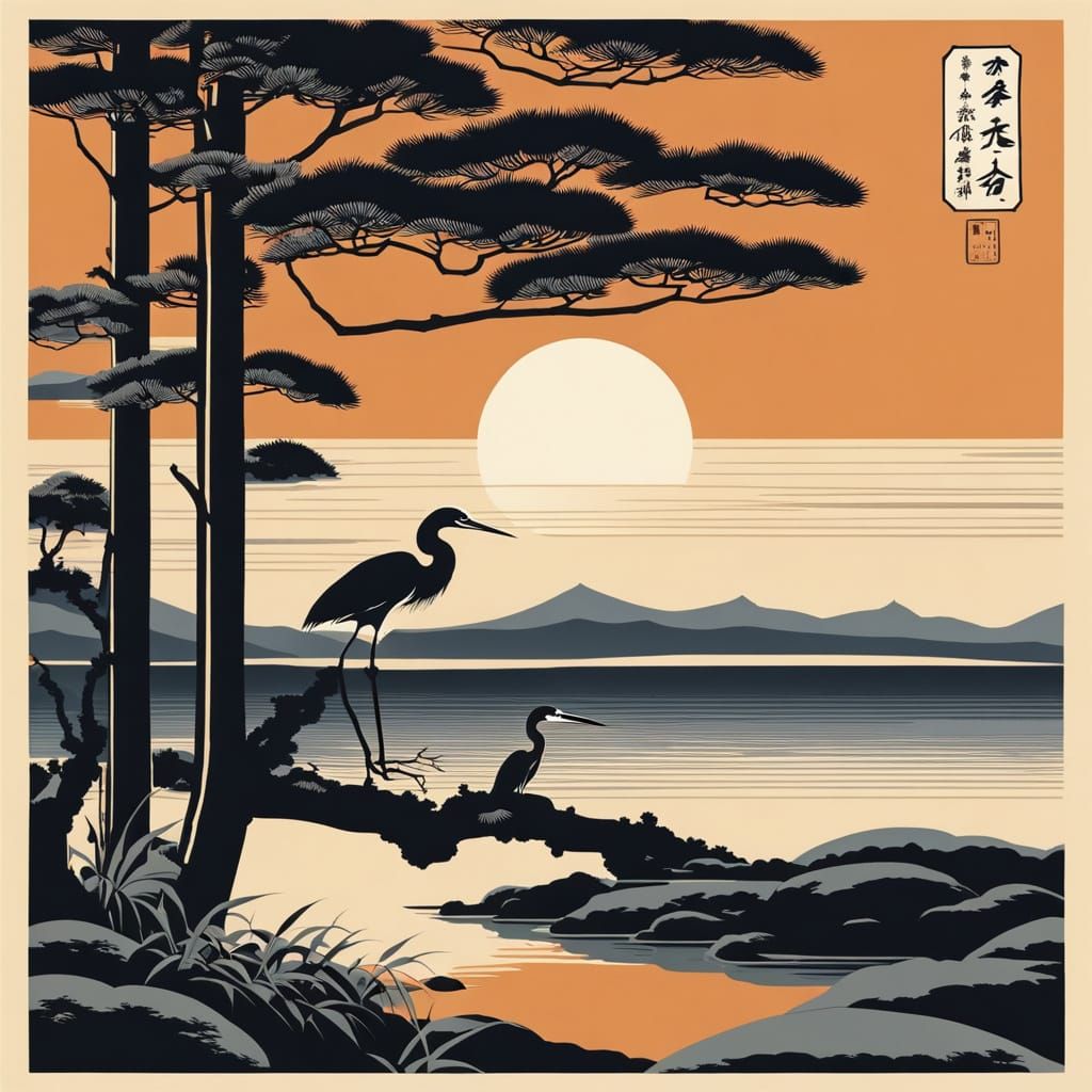 Japanese landscape with a heron