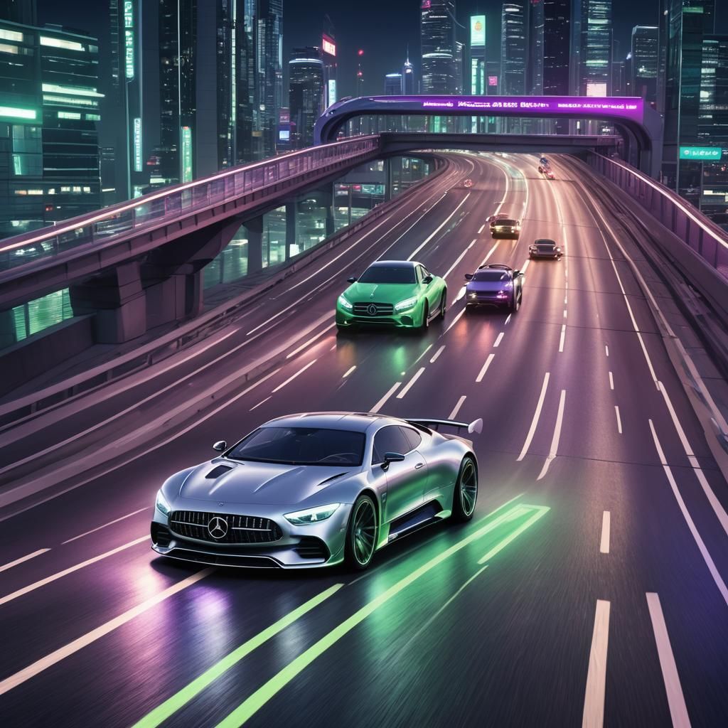 Futuristic Silver Mercedes Cars on Neon Highway