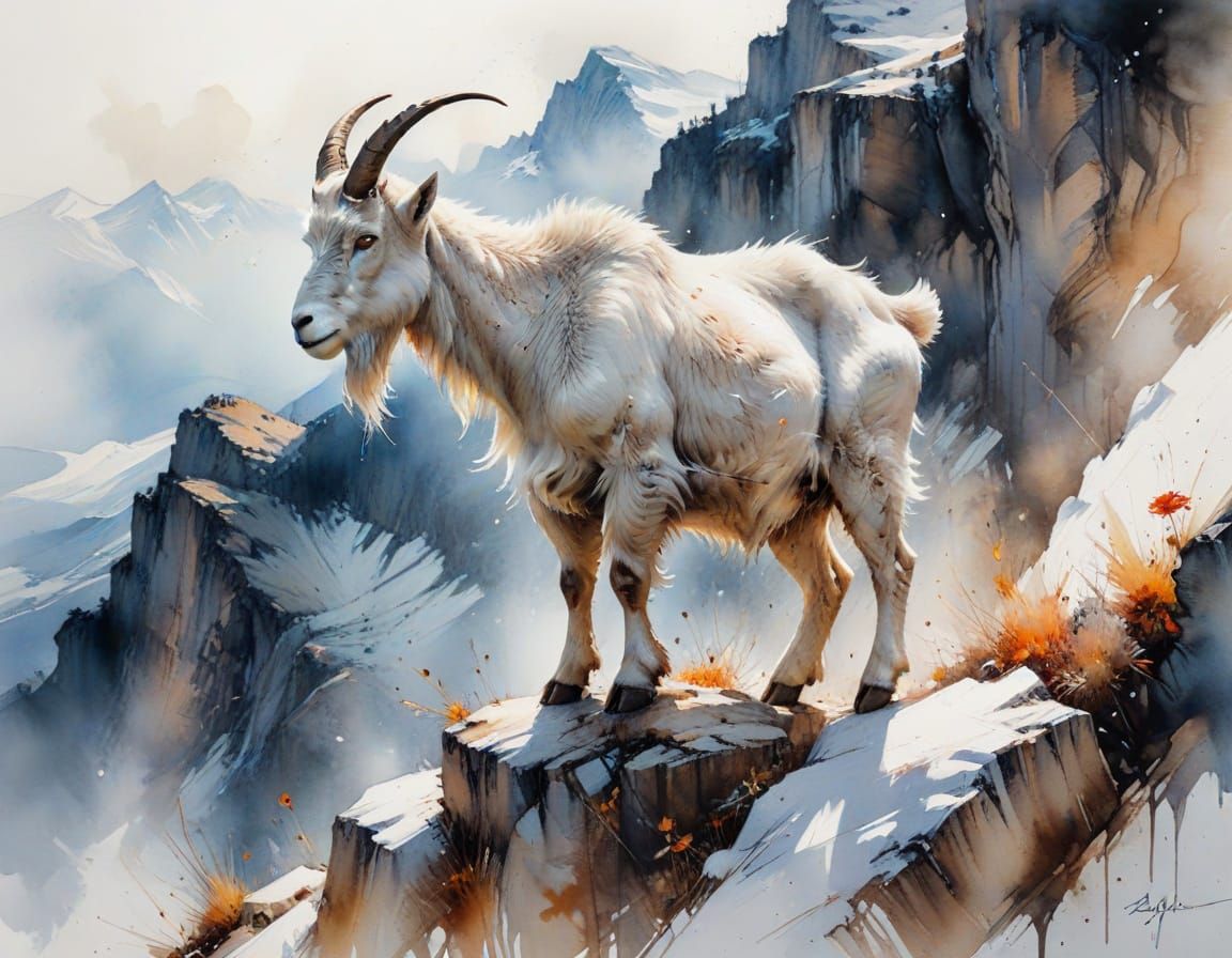 Mountain Goat on Alpine Ledge, Neo-Impressionist Oil Paintin...