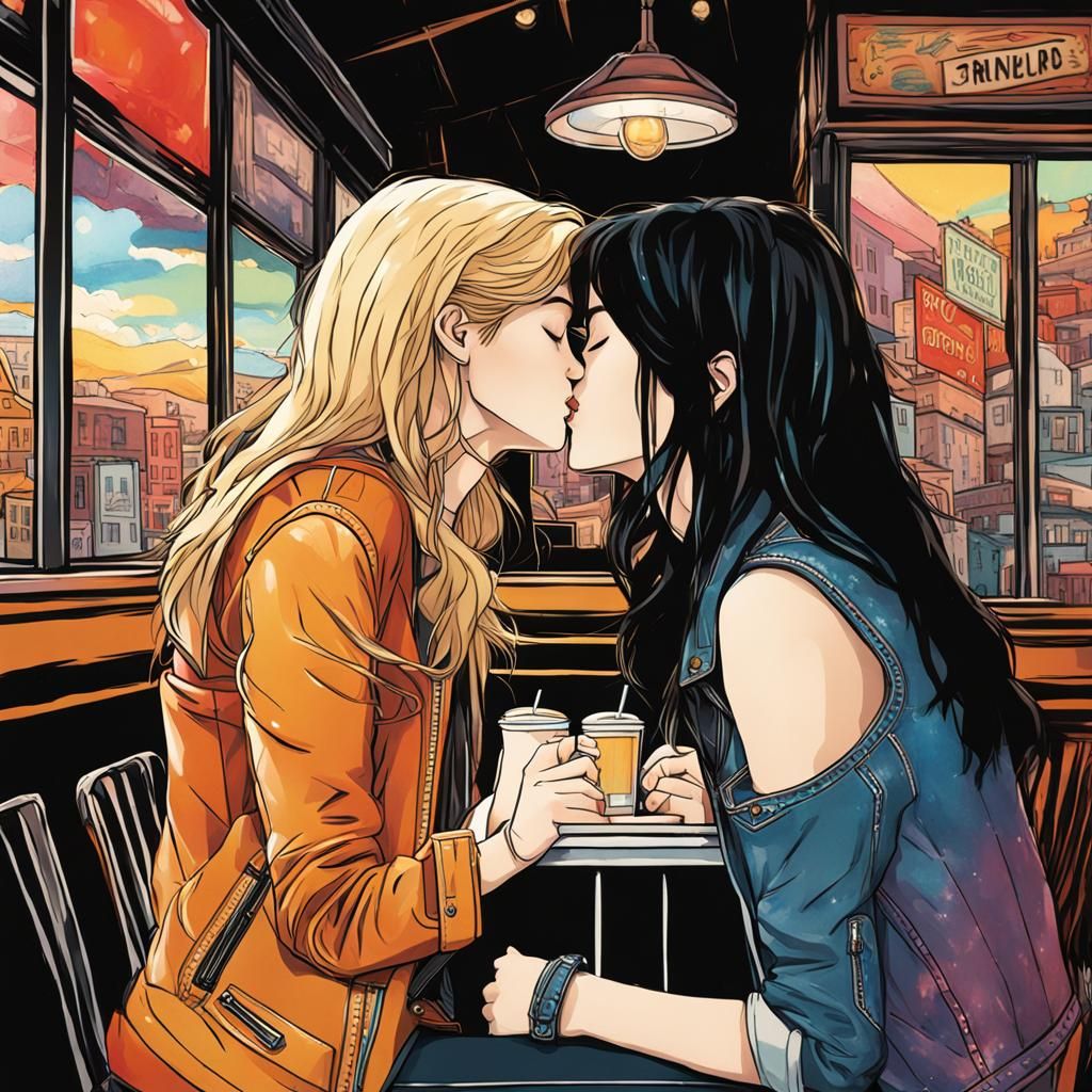 Young Women Kissing in Cafe: Hyperrealistic Splash Art