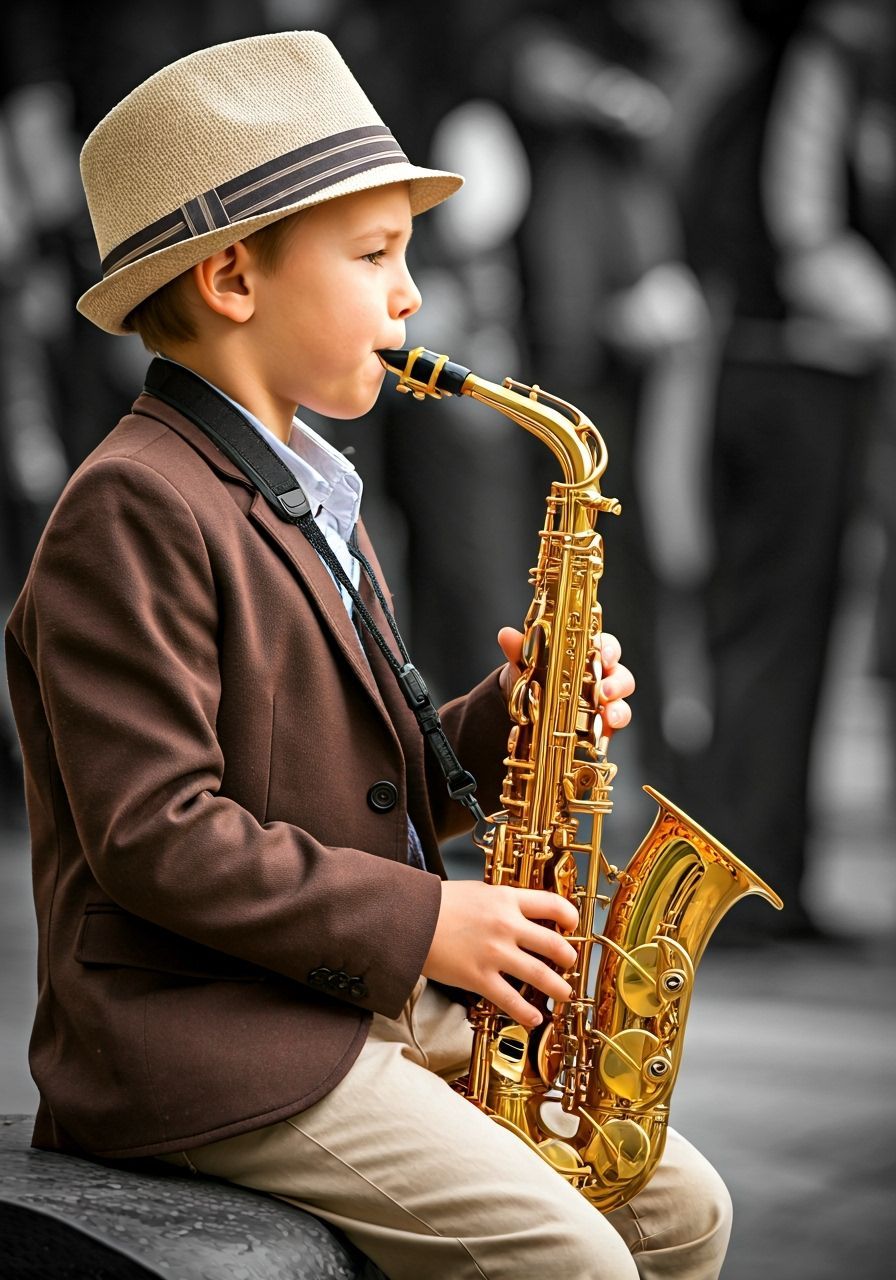 Boy Playing Gold Saxophone with Contemplative Expression