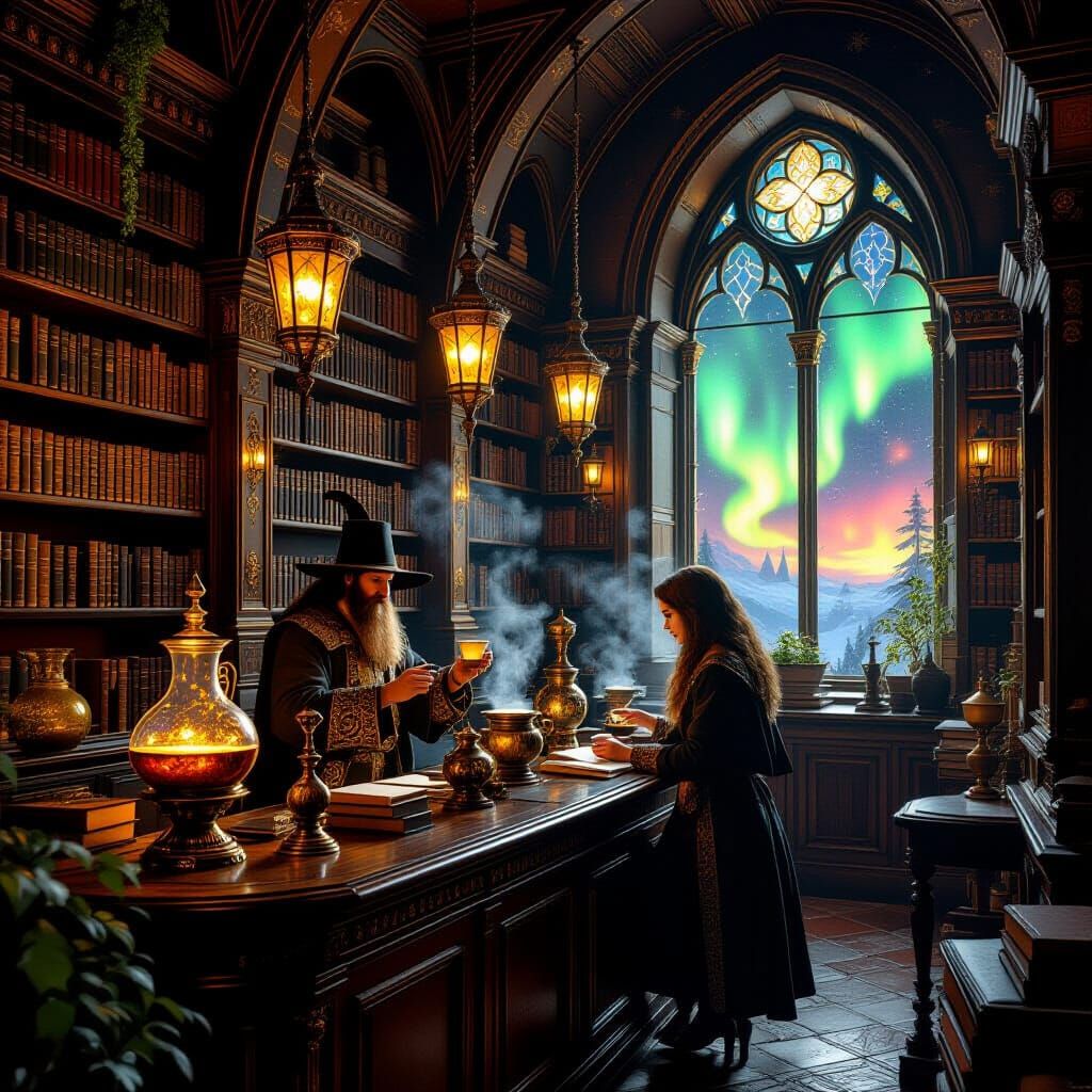Medieval Library Cafe with Alchemist Barista, Rembrandt Styl...