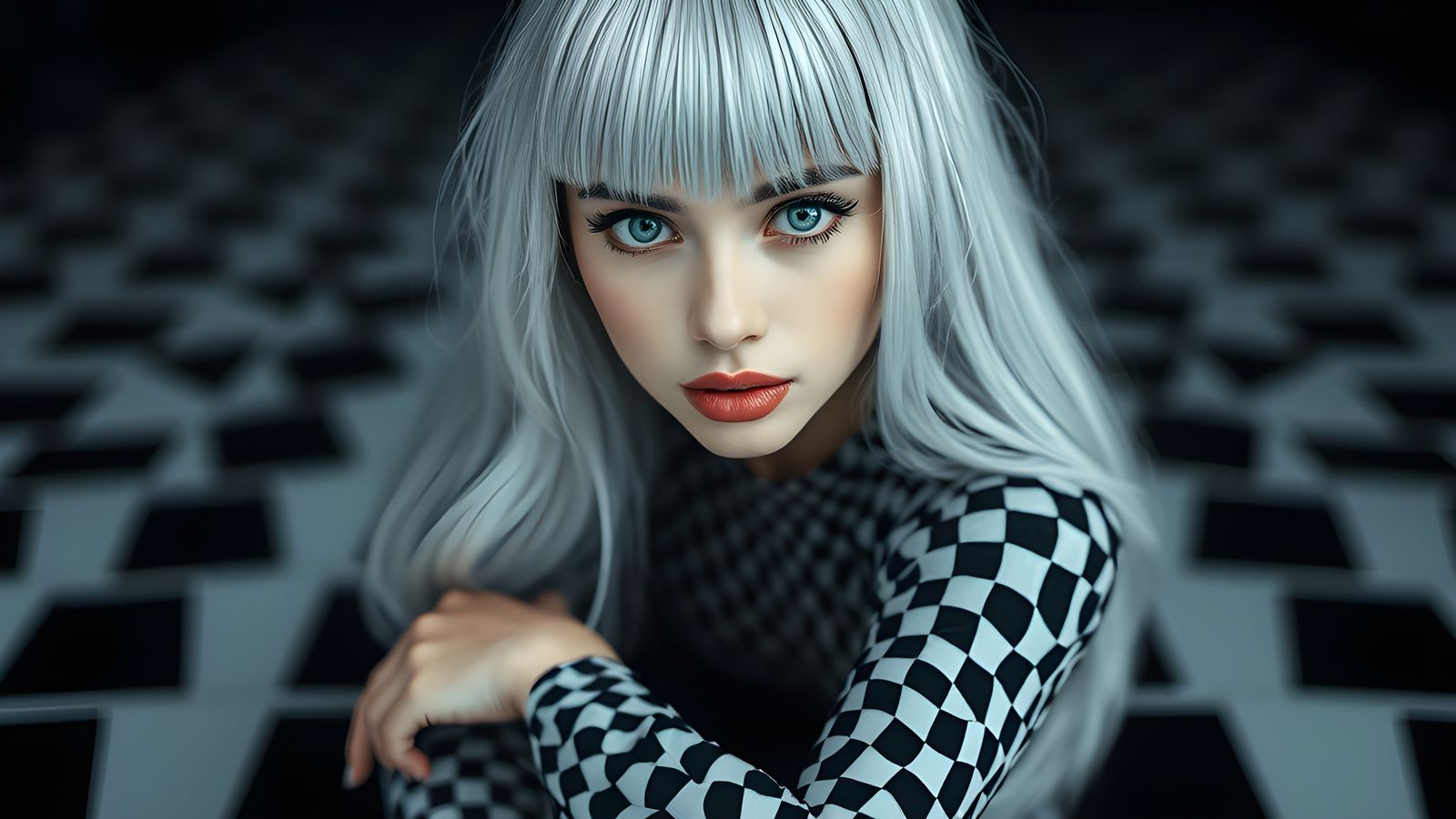 Surreal Portrait: Woman Merged with Chessboard Pattern