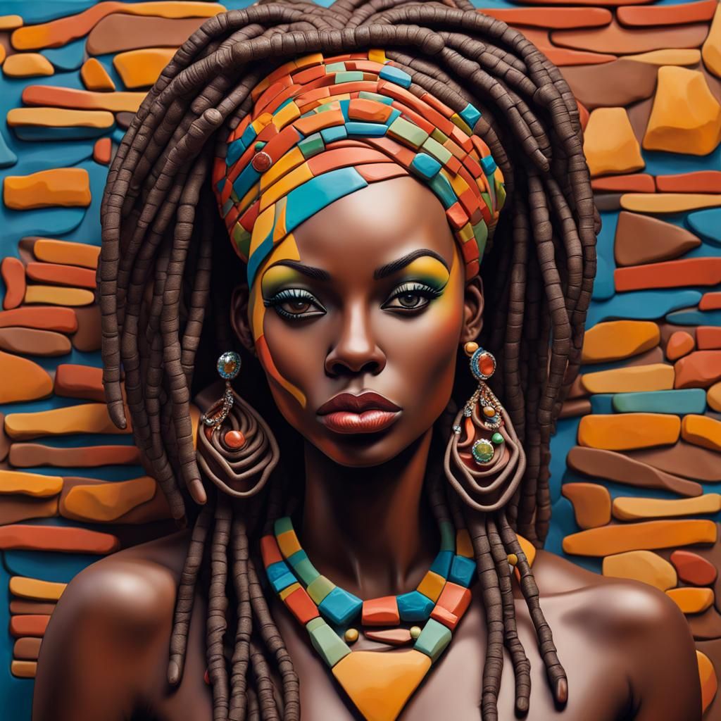 Clay African-American Woman with Jewels in Cubist Style