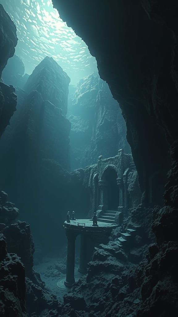 Eerie Panoramic Undersea Ruined City in Dramatic Lighting
