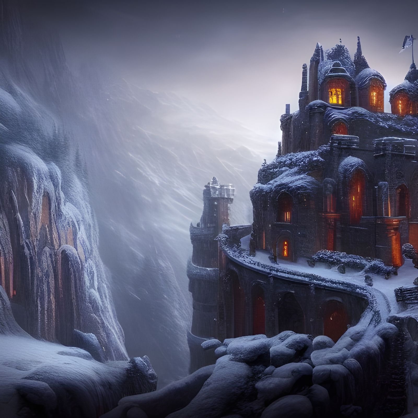 Snowy Stone Fortress in Gothic Horror Style