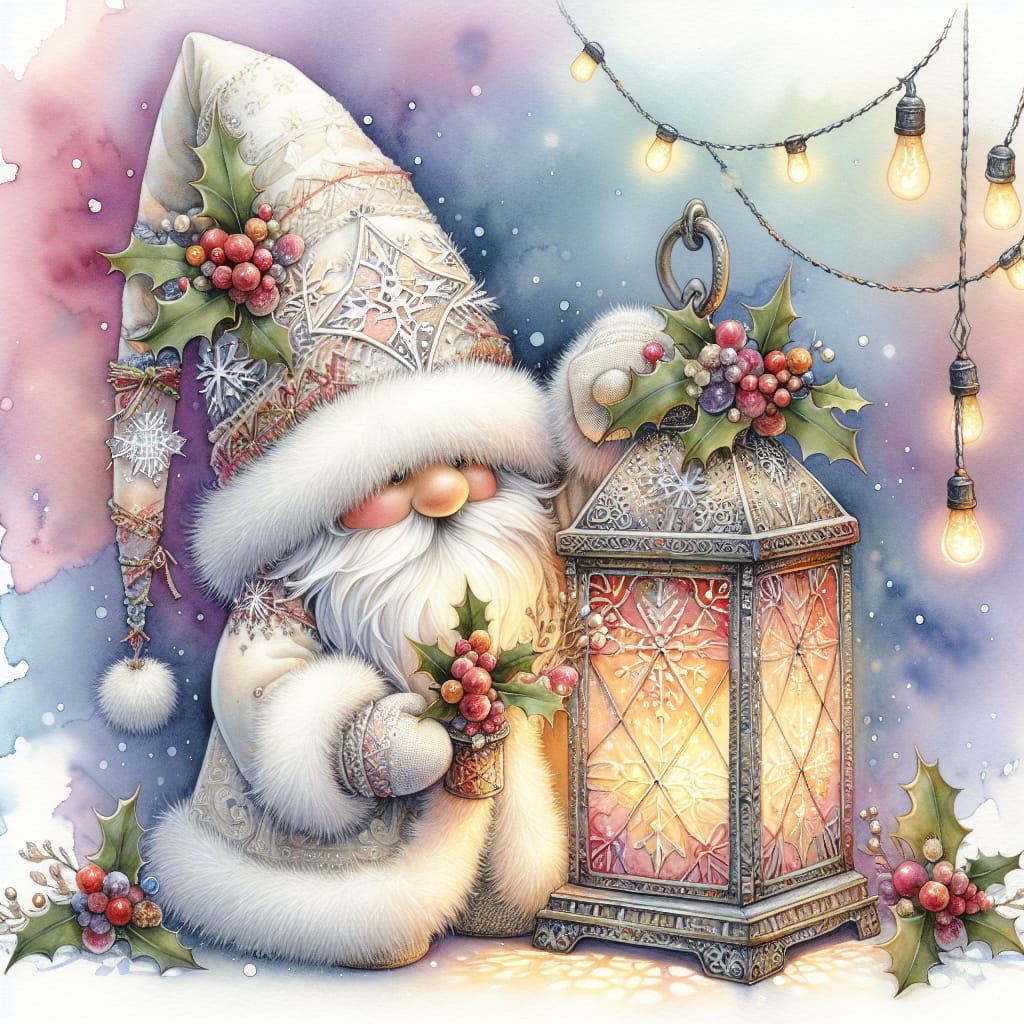 Charming Christmas Gnome with Lantern in Watercolor Style