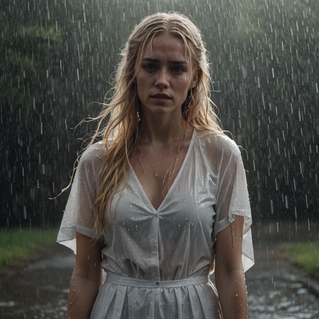 Woman in Rain: Cinematic Film Still