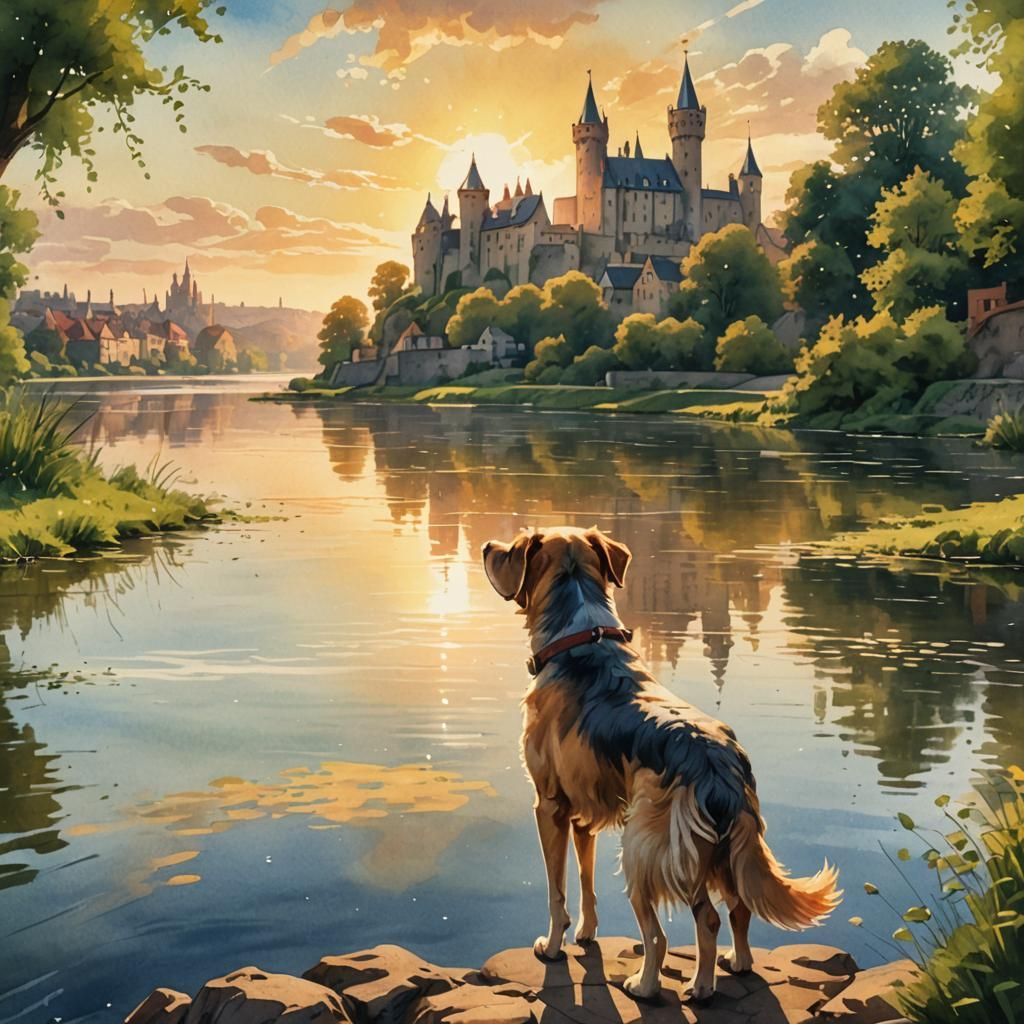 Dog Overlooks Castle Town in Watercolor Painting