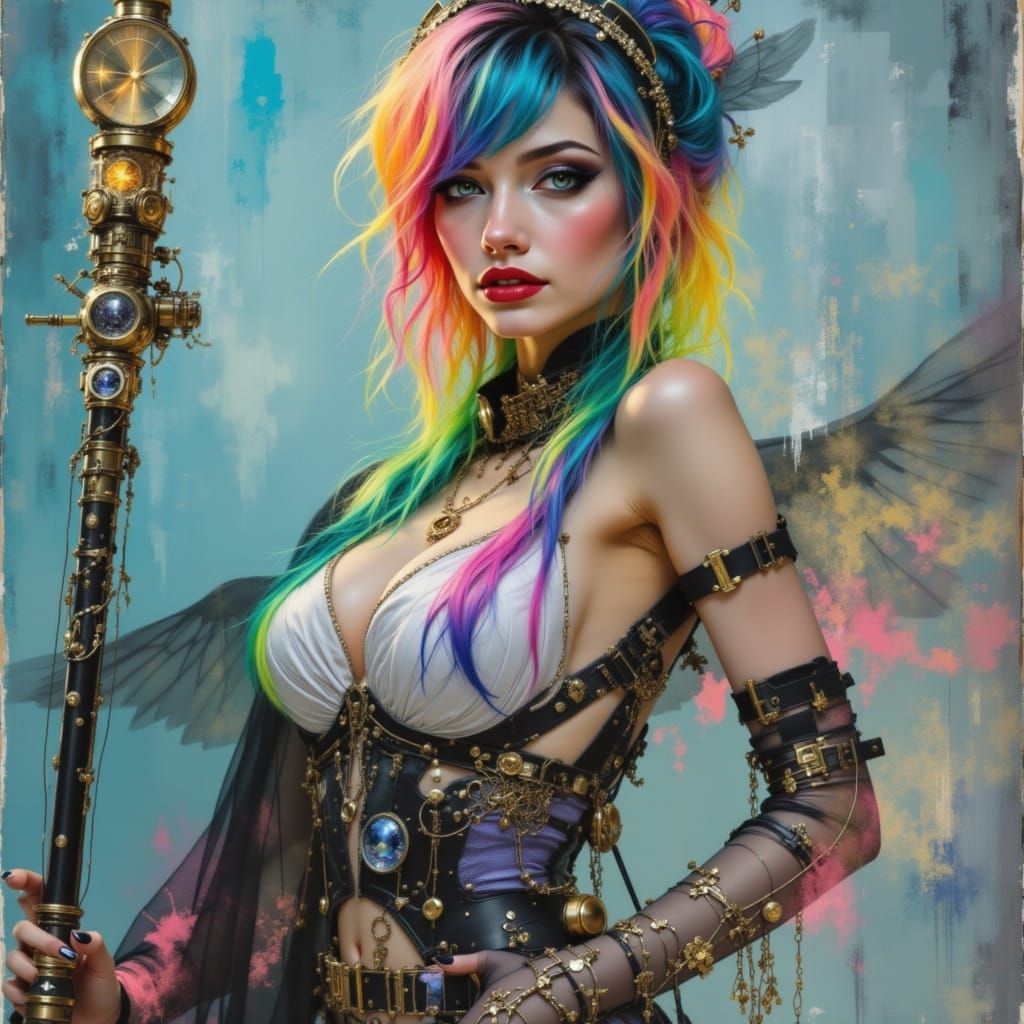 Steampunk Woman With Neon Circuitry Staff