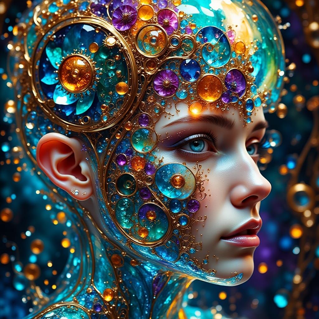 Glass Person Portrait with Visible Gears, Light Refraction