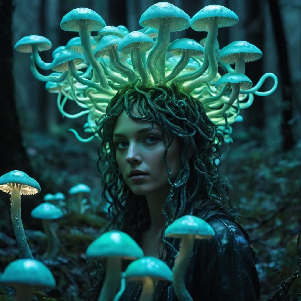 Fluorescent Mushroom Medusa in Fantasy Art Style