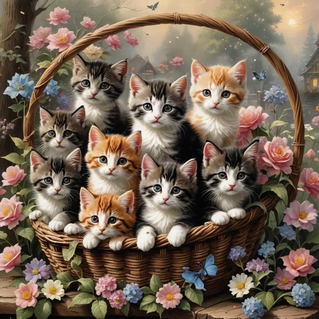 Kittens in Basket: Ethereal Fantasy by Kinkade