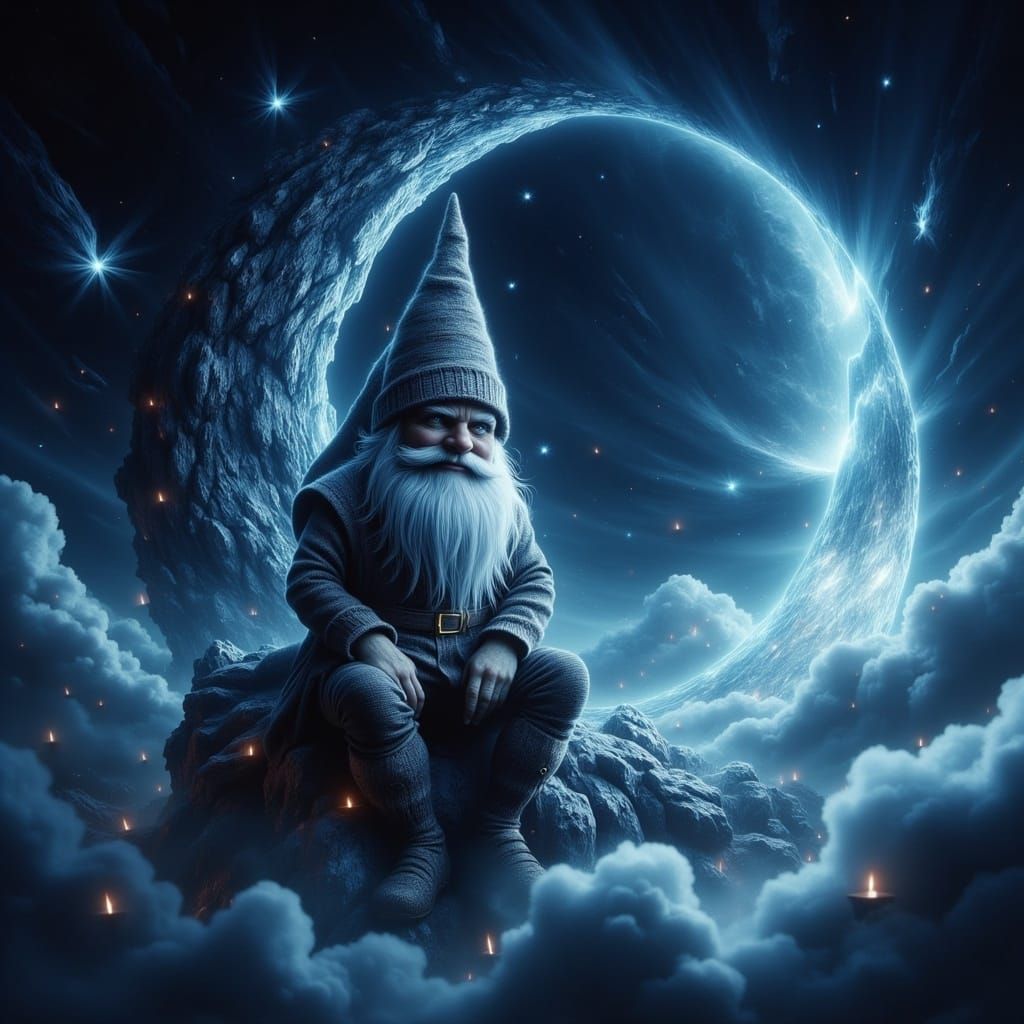 Gnome on Crescent Moon in an Ethereal Landscape