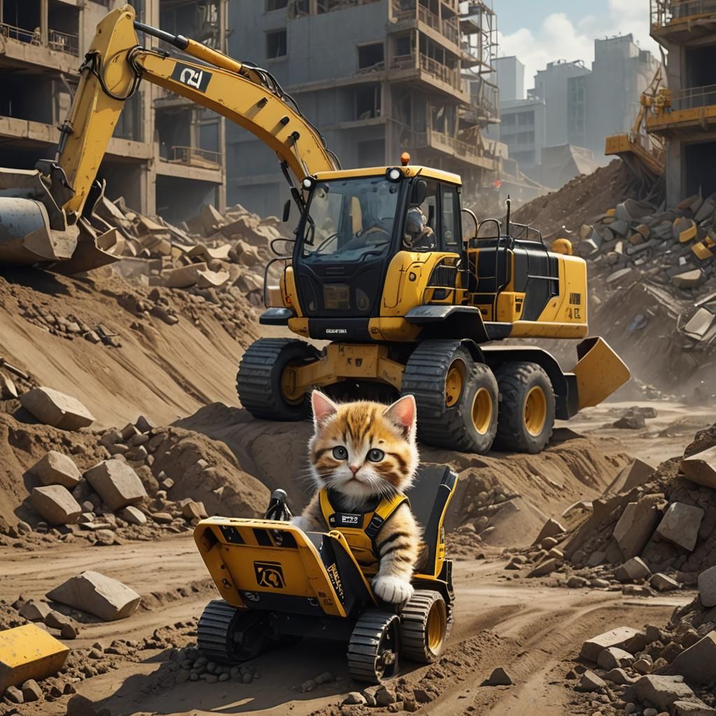 Kitten Construction Worker Driving Excavator
