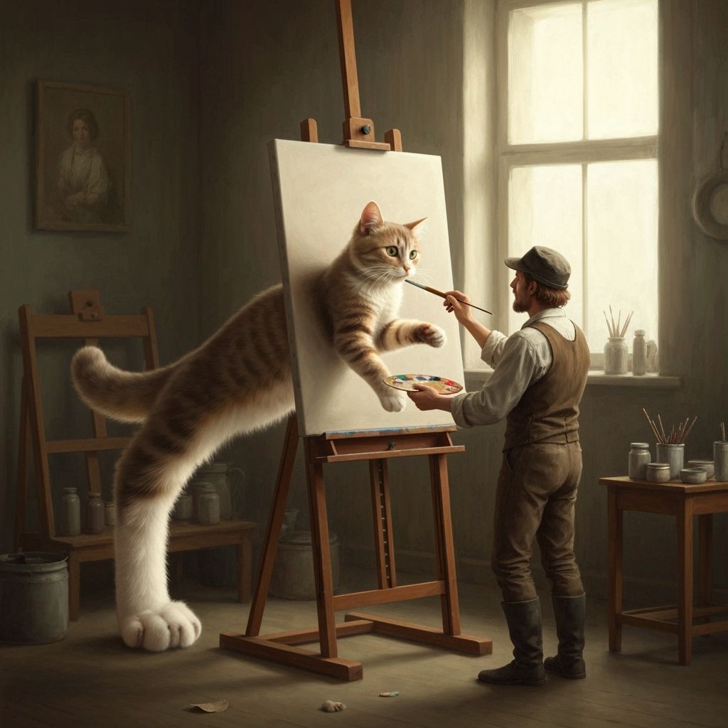 Surreal Cat Reaches Out From Canvas in Oil Painting