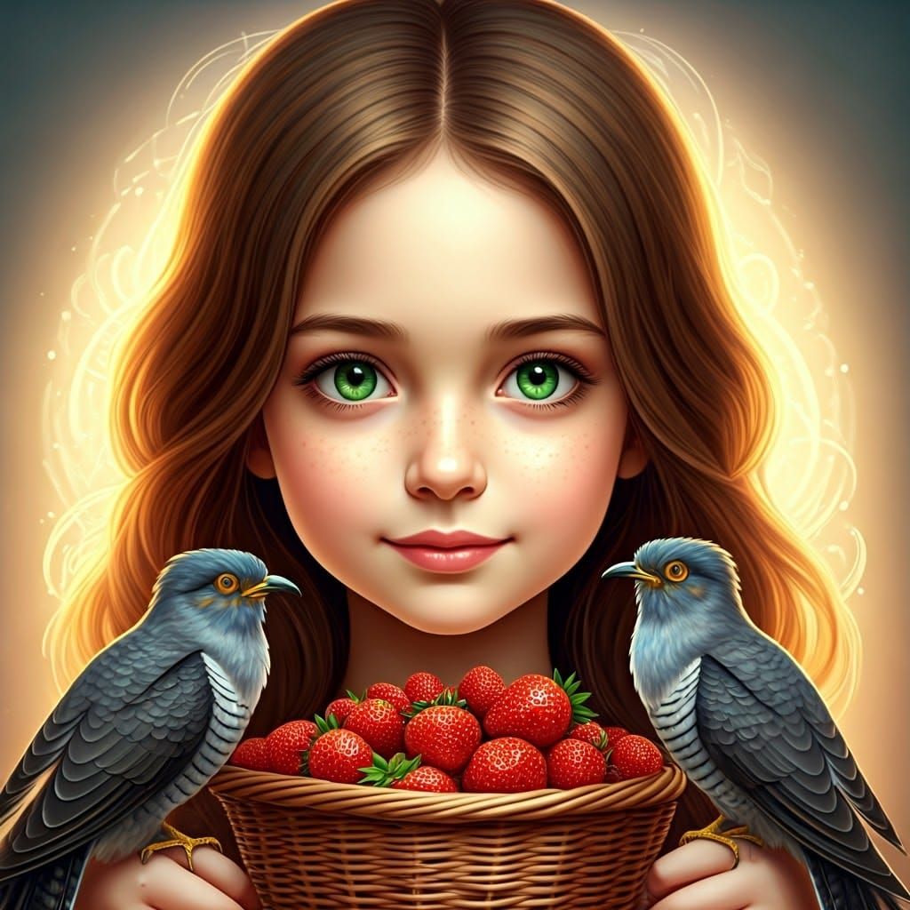 Girl with Cuckoos Portrait in Art Nouveau Style