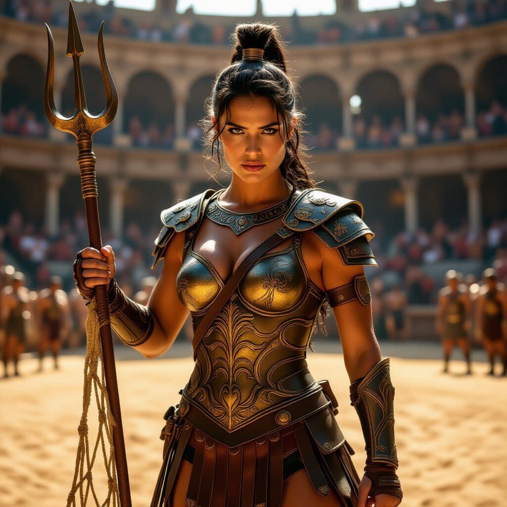 Gladiatrix with Net and Trident in Roman Arena