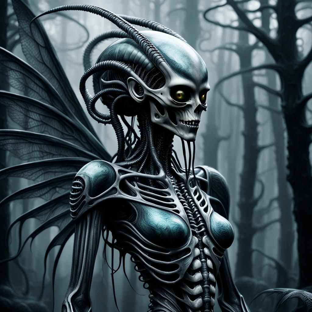 Fairy-Xenomorph Hybrid in Giger-esque Biomechanical Style