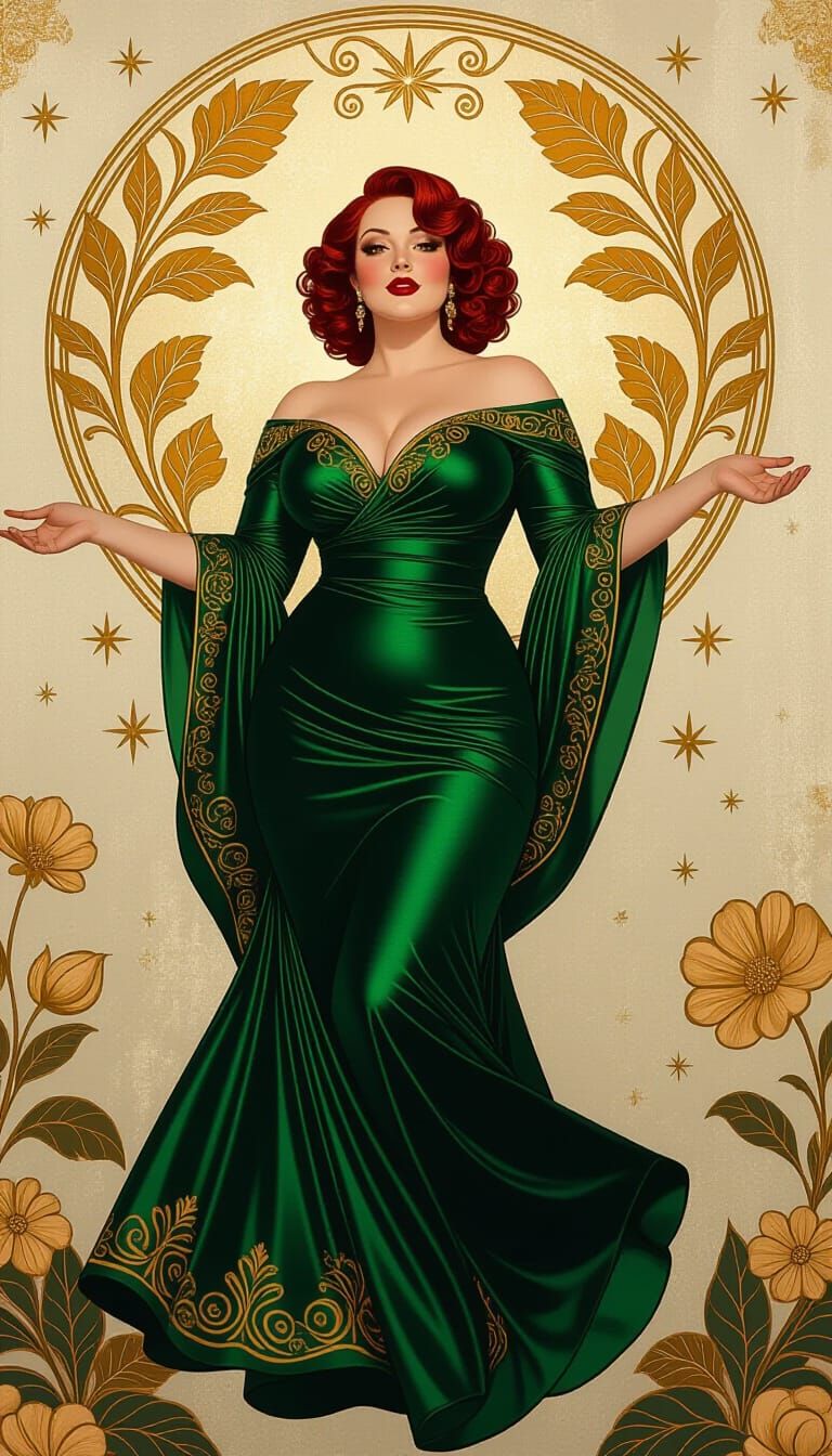 Ethereal Woman in Emerald Gown: Hyperrealistic Fine Art