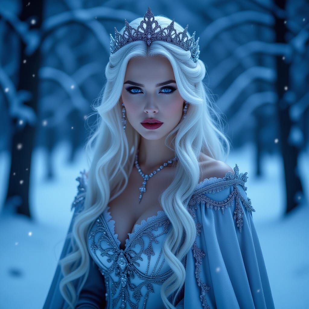 A sorrowful vampire queen with long white hair and piercing ...