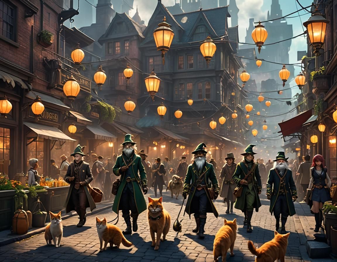 Aetherpunk City Street with Anthropomorphic Creatures