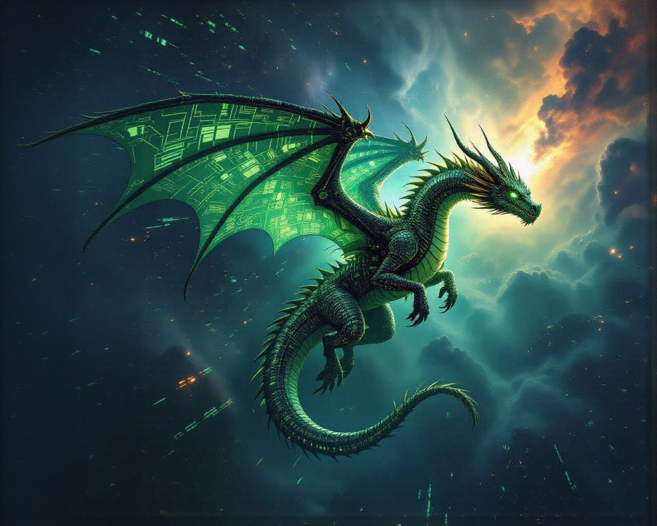 Epic Fantasy Dragon Made of Circuits Soars Through Digital N...