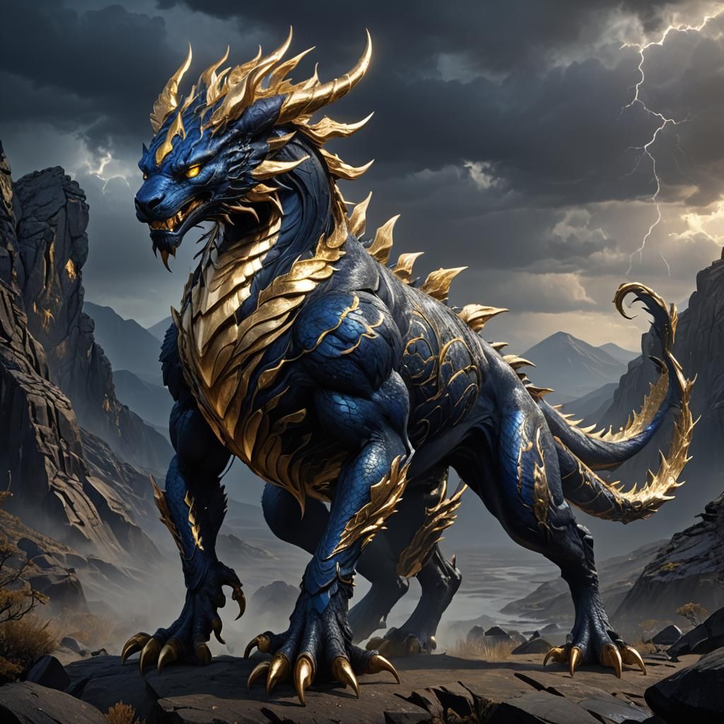 Indigo and Gold Hybrid Creature in Stormy Landscape