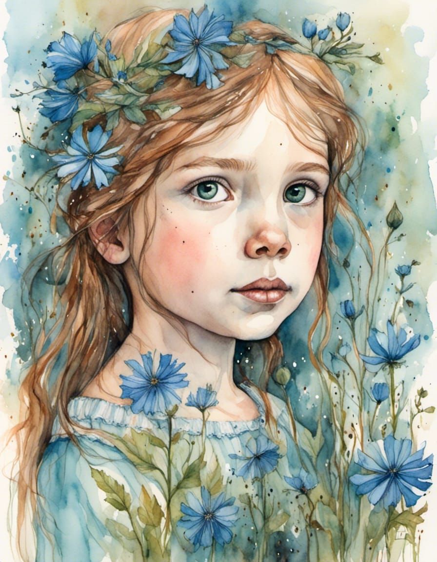 Sweet Girl Portrait in Watercolor Fairycore Style
