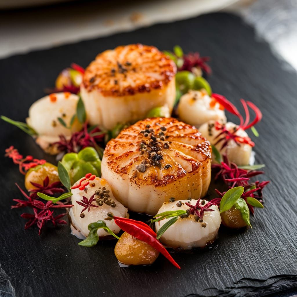 Gourmet Seared Scallop Dish on Black Slate
