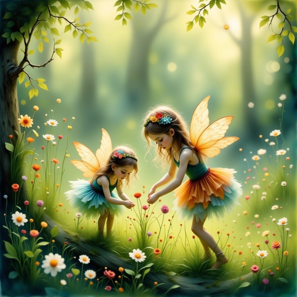 Ethereal Fairies Dance in Whimsical Garden Scene