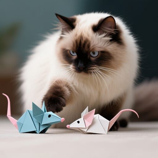 A hyperdetailed Himalayan cat playing with origami mice.