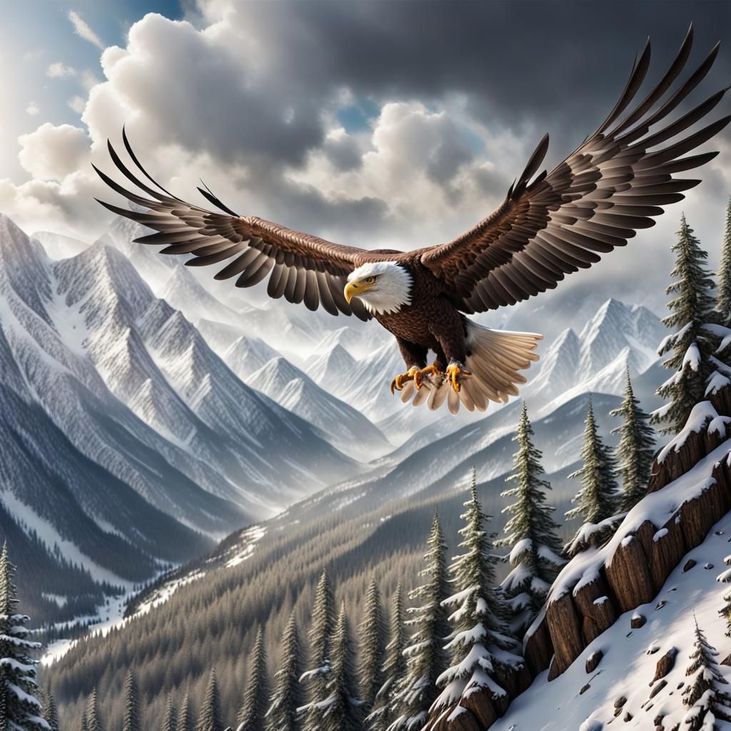 Eagle Soaring Above Snowy Peaks: Hyperrealistic Detail