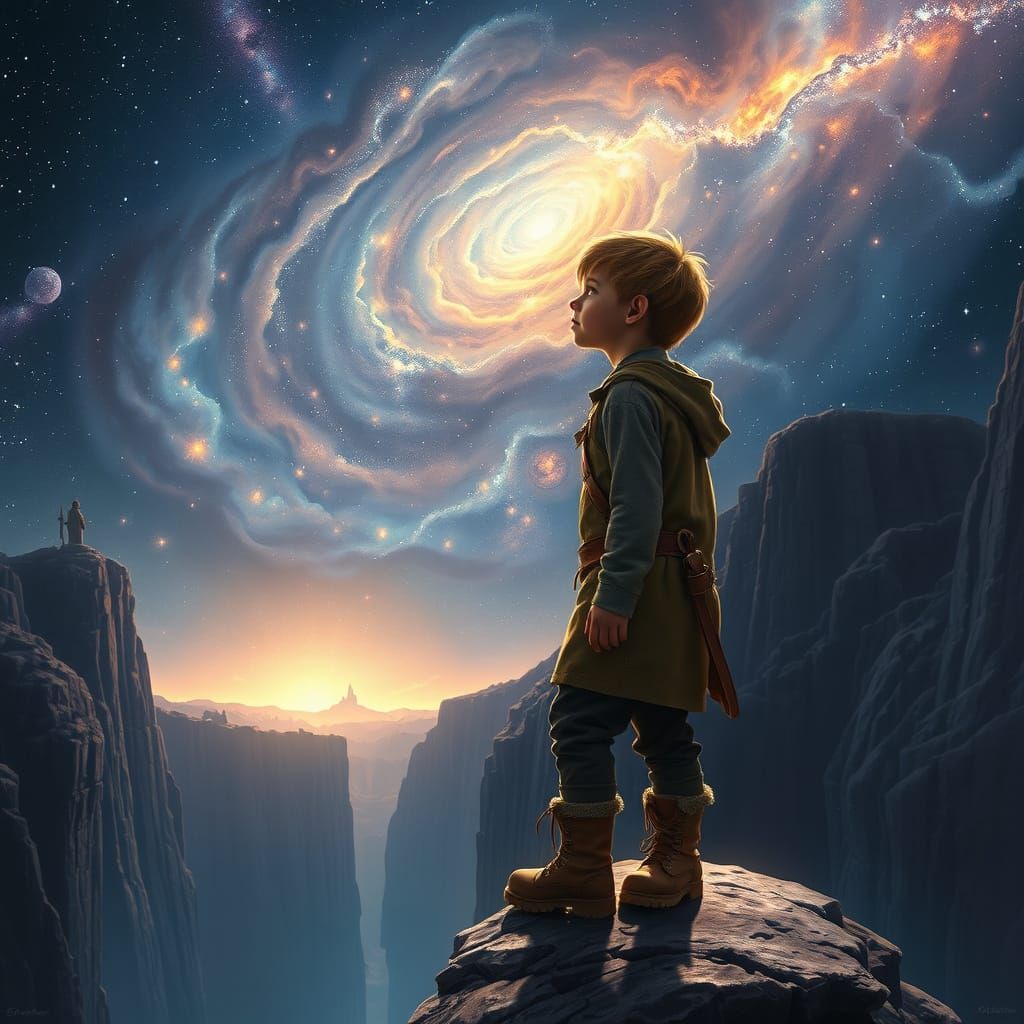 Young Boy Gazing Up at Starlit Nebula in Cosmic Landscape