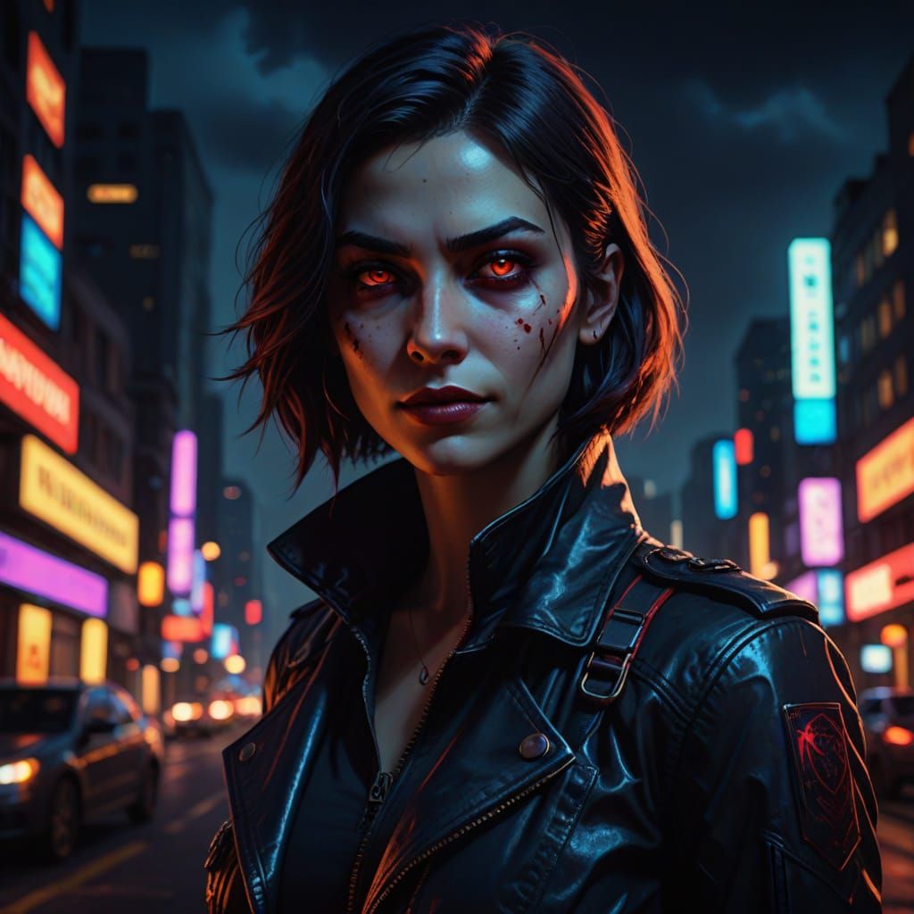 Dark Fantasy Vampire in Tactical Gear Illuminates City Shado...