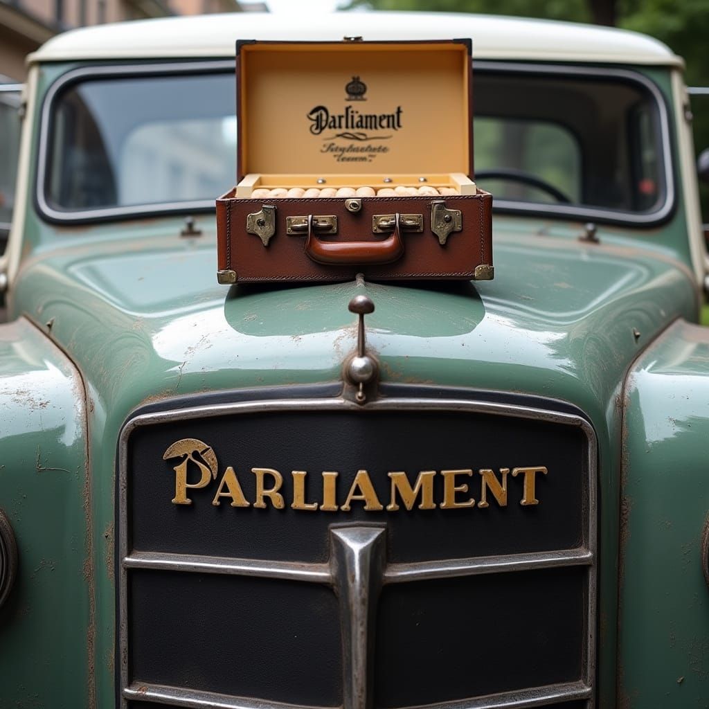 Vintage Car with Parliament Logo and Cigarette Suitcase