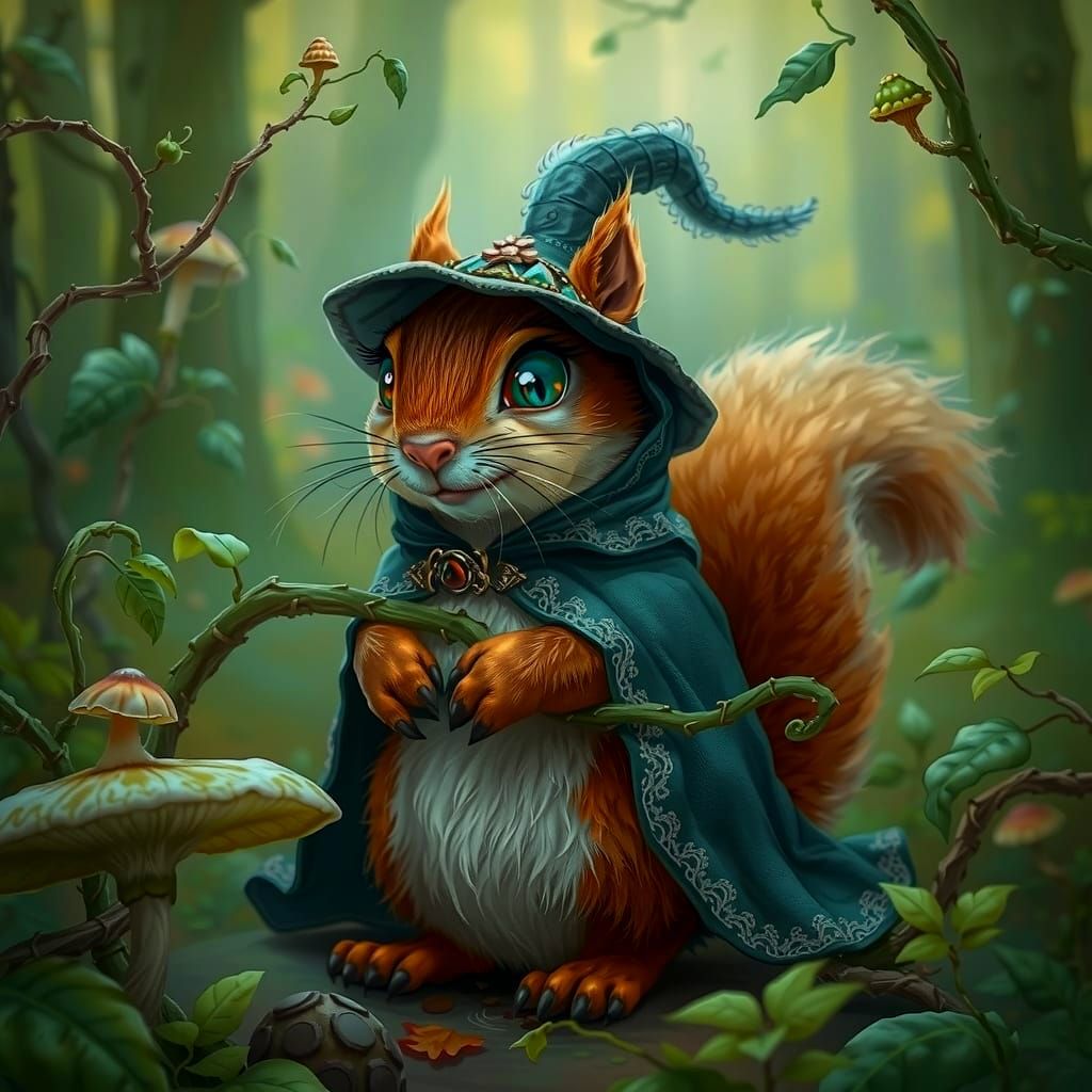 Mischievous Squirrel in Lush Forest, Rackham Style