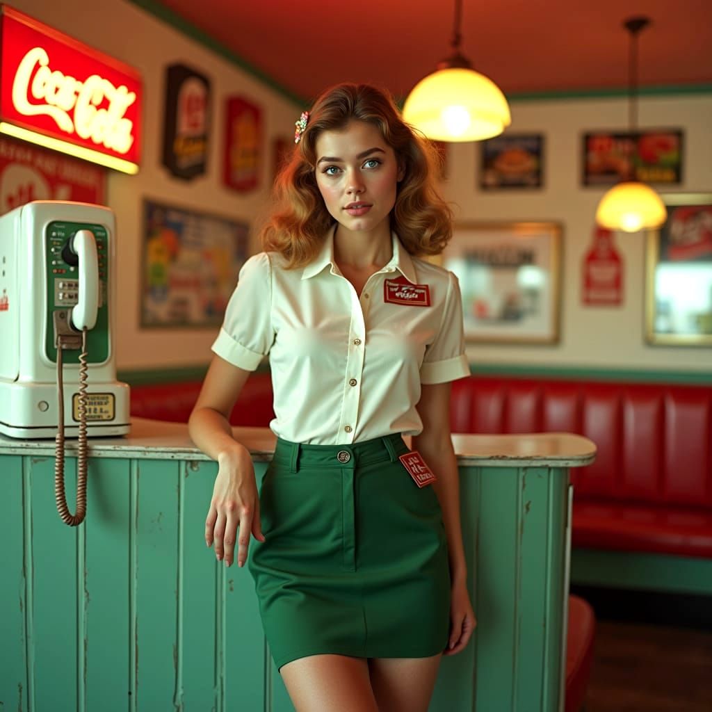 1960s Teen in Vintage Diner with Retro Ads