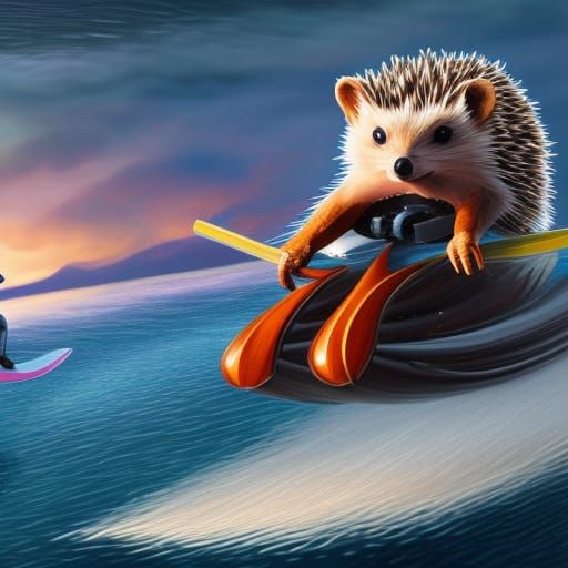 Hedgehog Water Skiing: Detailed Matte Painting