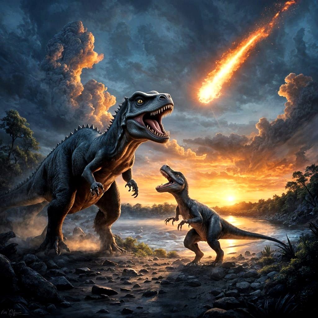 Tyrannosaurus Rex Hunting Velociraptor During Meteor Strike