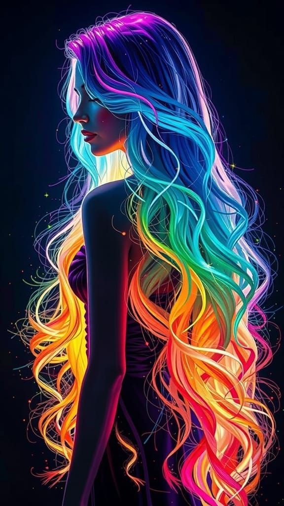 Girl with Kaleidoscopic Hair in Luminous Meadow