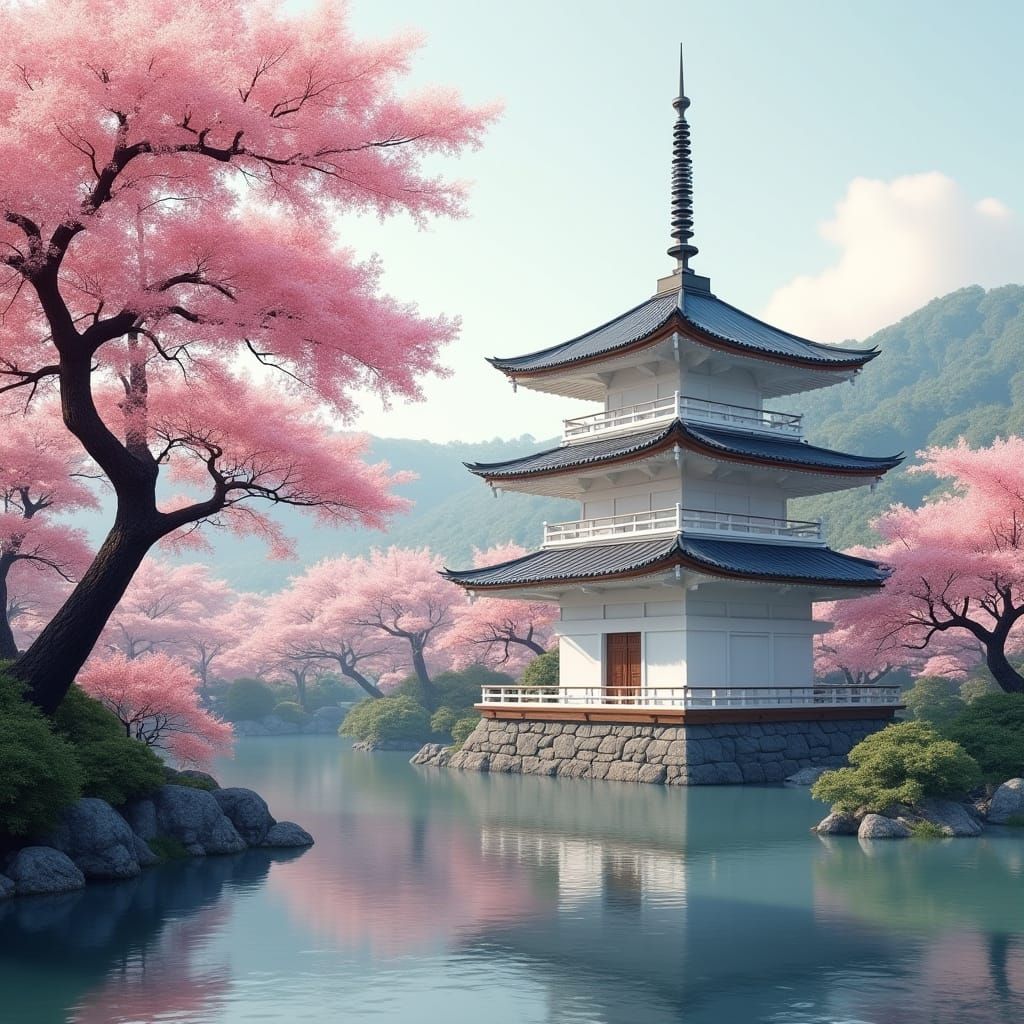 Tranquil Japanese Pagoda Reflecting Cherry Blossoms