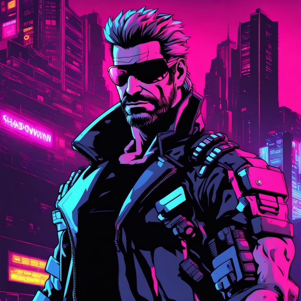 Cybernetic Bounty Hunter in Synthwave Neon Style