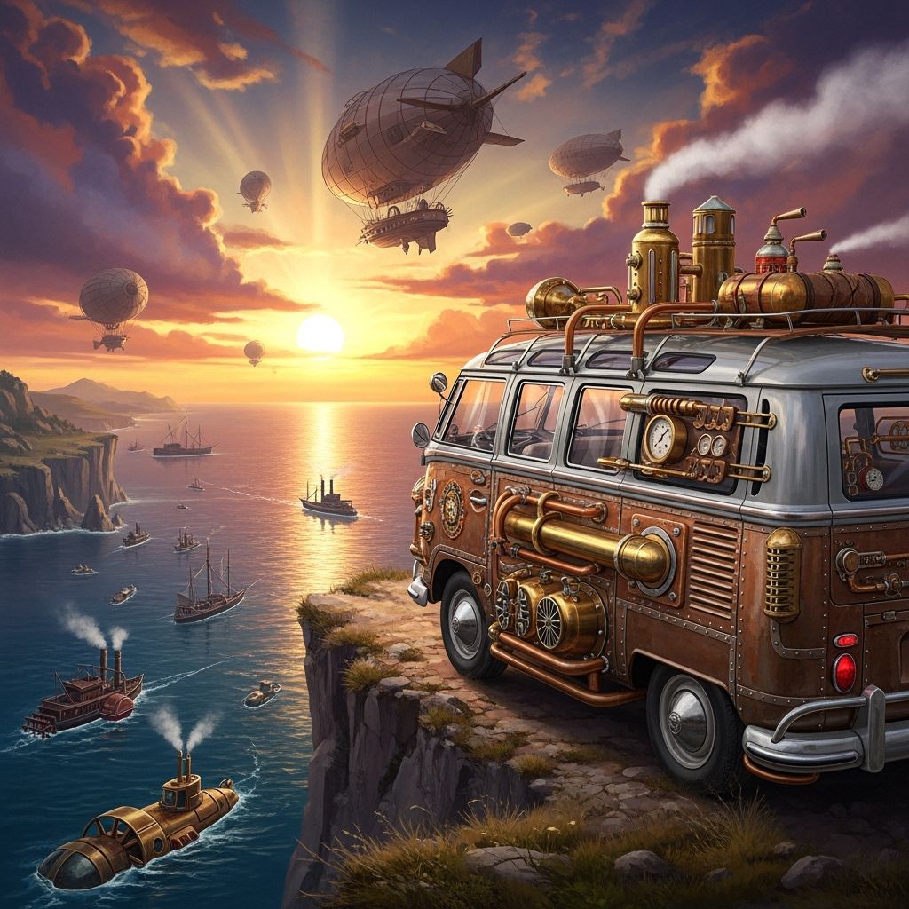 Steampunk VW Van on Cliff Overlooking Retro-Futuristic Ocean