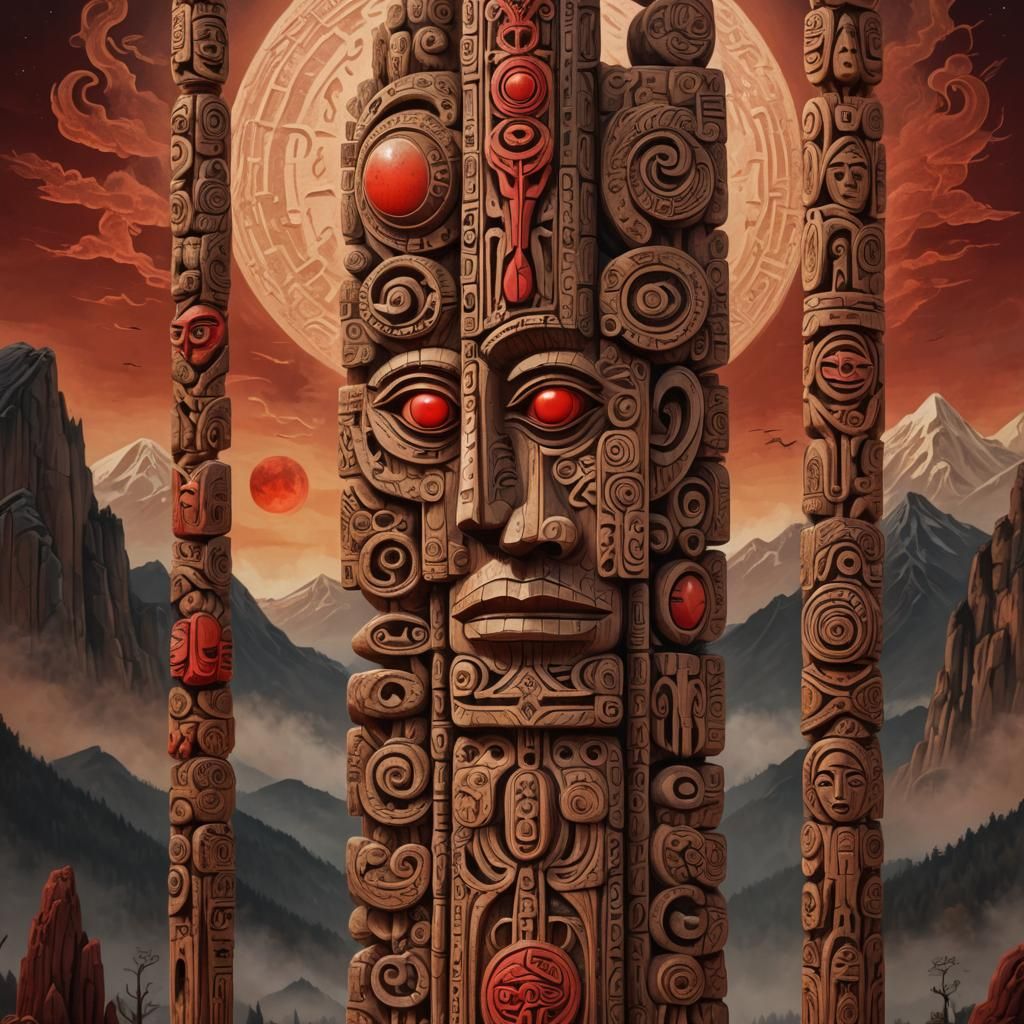 Mystical Totem with Red Moon in Digital Painting