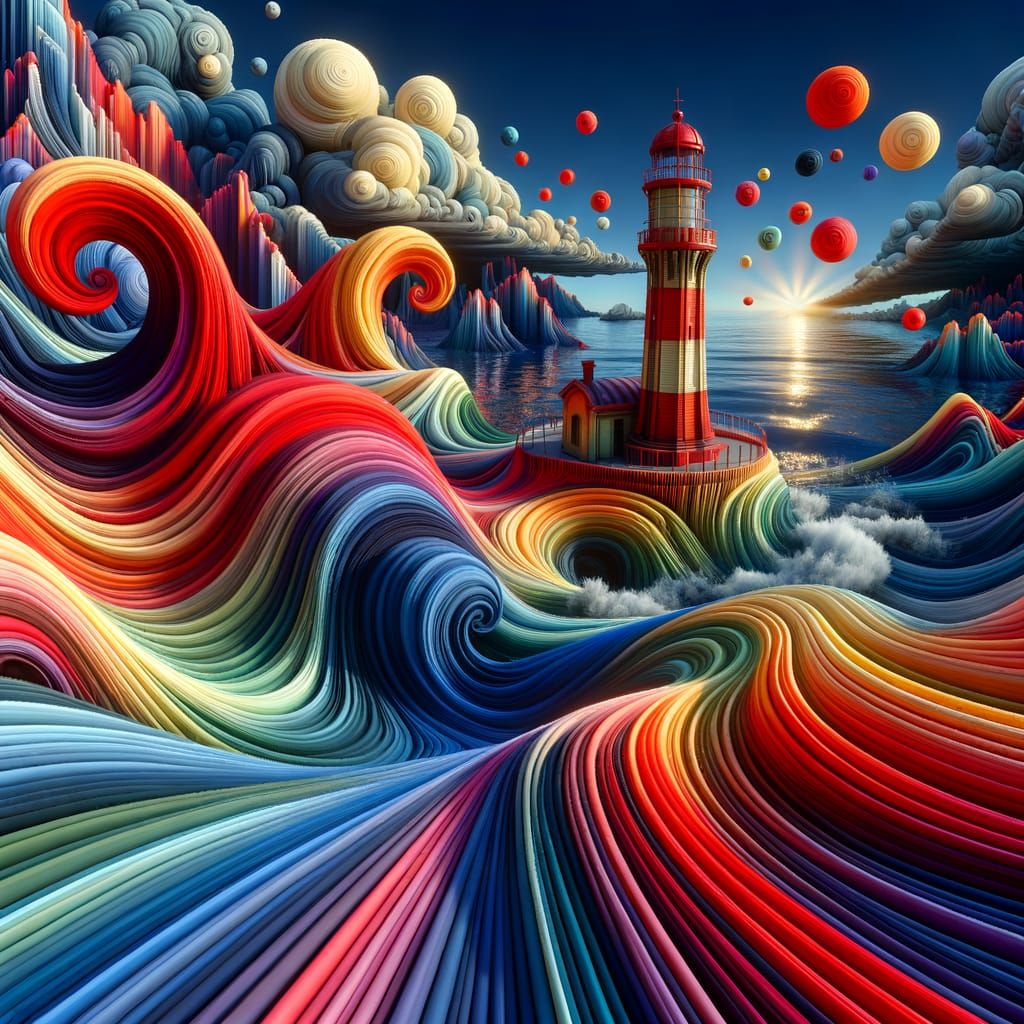 ocean waves around a red and white lighthouse