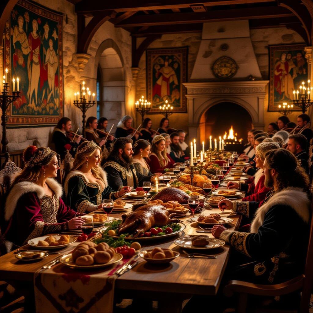 Realistic Medieval Banquet Scene with Nobles and Candlelight